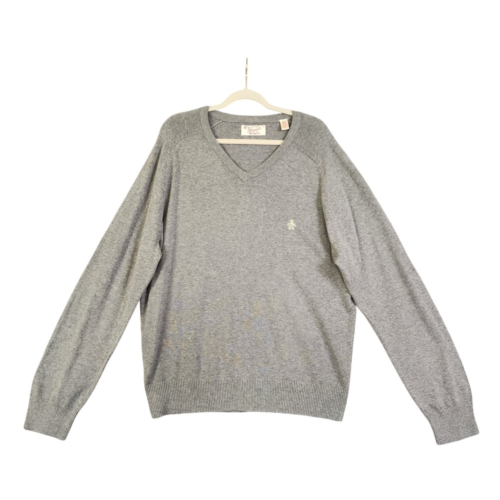 Original Penguin Mens VNeck Cotton Knit Raglan Sweater Size XXL Gray Yellow Logo